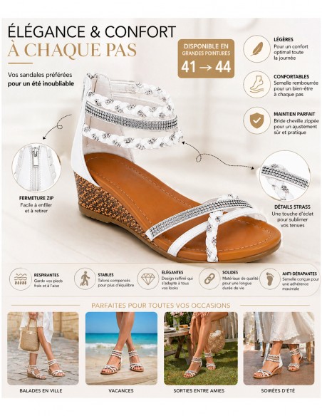 Sandales femme petit talon compensé bride cheville tressée & strass