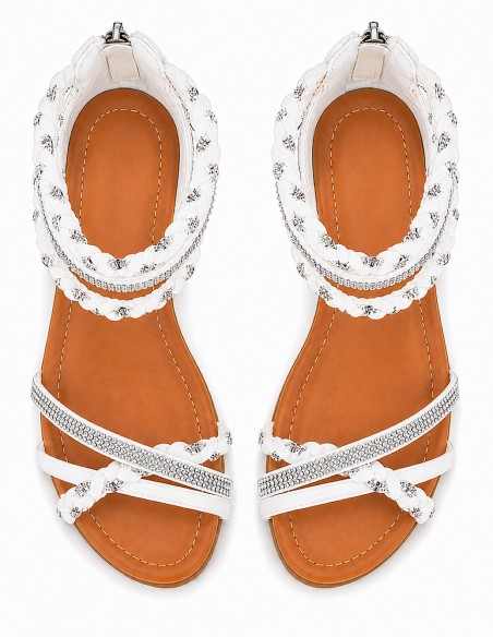 Sandales femme petit talon compensé bride cheville tressée & strass