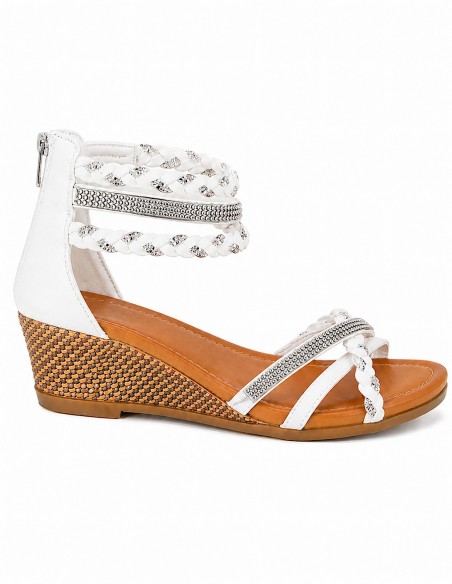 Sandales femme petit talon compensé bride cheville tressée & strass