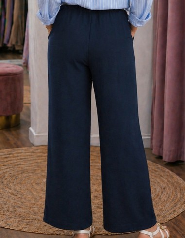 pantalon femme fluide bleu marine avec ceinture motif et taille élastique confort