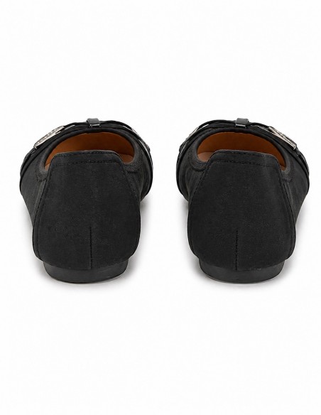 Ballerines noires souples semelle intérieure cuir & boucle décorative argentée strass
