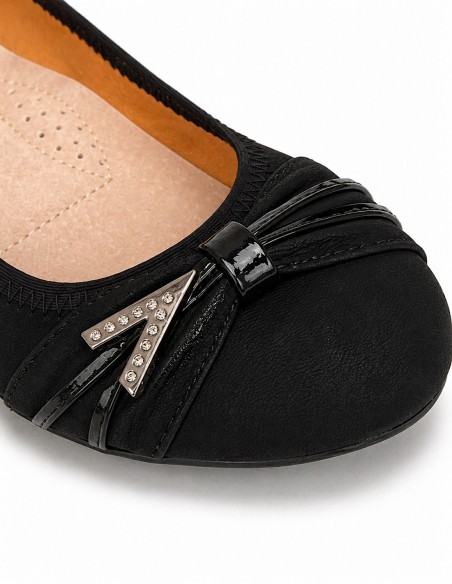 Ballerines noires souples semelle intérieure cuir & boucle décorative argentée strass