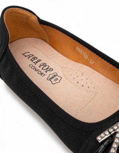 Ballerines noires souples semelle intérieure cuir & boucle décorative argentée strass