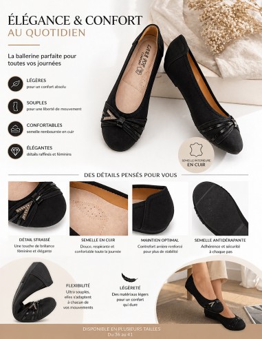 Ballerines noires souples semelle intérieure cuir & boucle décorative argentée strass