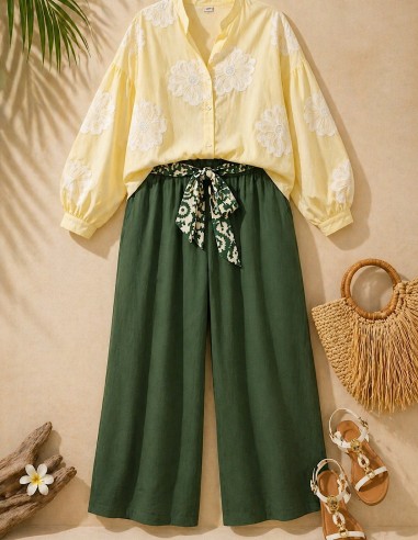 Pantalon Fluide Femme Taille Haute...