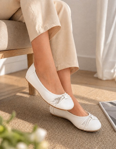 Ballerines femme semelle cuir noir, blanc, marine, souples boucle argentée strass semelle