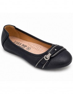 Ballerines noires souples semelle intérieure cuir & boucle décorative argentée strass