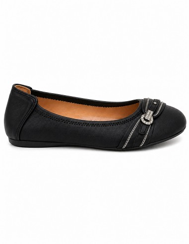 Ballerines noires souples semelle intérieure cuir & boucle décorative argentée strass