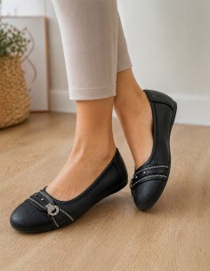 Ballerines noires souples semelle intérieure cuir & boucle décorative argentée strass 2