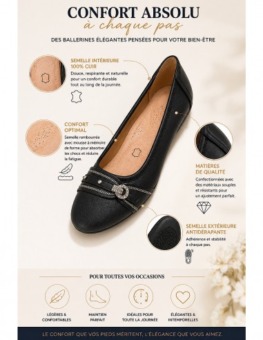 Ballerines noires souples semelle intérieure cuir & boucle décorative argentée strass