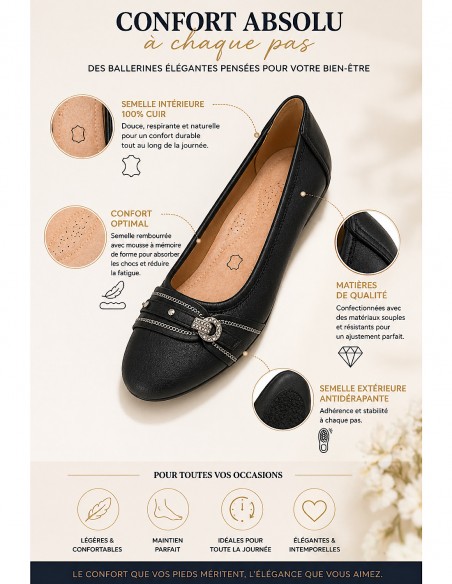 Ballerines noires souples semelle intérieure cuir & boucle décorative argentée strass