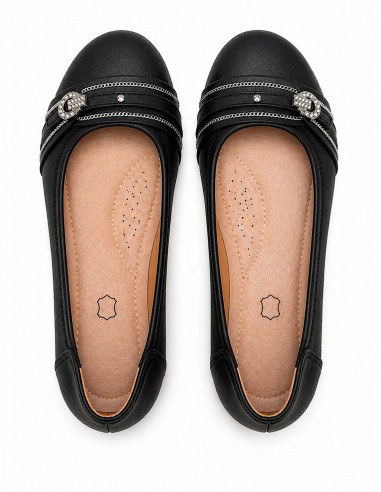 Ballerines noires souples semelle intérieure cuir & boucle décorative argentée strass