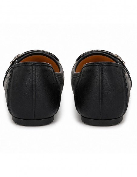 Ballerines noires souples semelle intérieure cuir & boucle décorative argentée strass