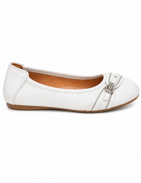 Ballerines femme semelle cuir noir, blanc, marine, souples boucle argentée strass semelle