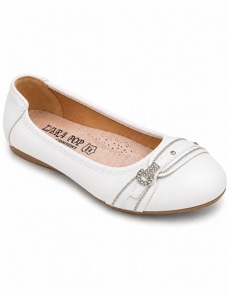 Ballerines femme semelle cuir noir, blanc, marine, souples boucle argentée strass semelle