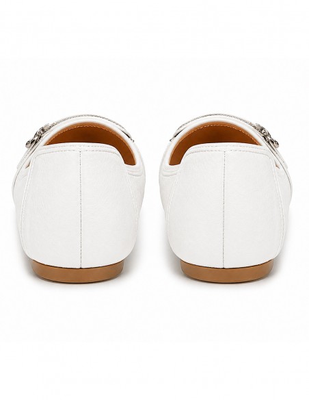 Ballerines femme semelle cuir noir, blanc, marine, souples boucle argentée strass semelle