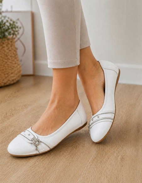 Ballerines femme semelle cuir noir, blanc, marine, souples boucle argentée strass semelle