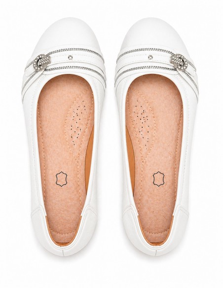 Ballerines femme semelle cuir noir, blanc, marine, souples boucle argentée strass semelle