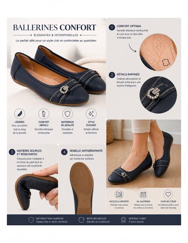 Ballerines femme semelle cuir noir,...