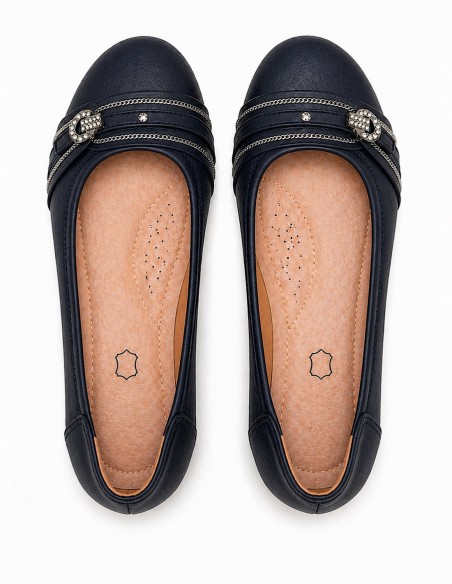 Ballerines femme semelle cuir noir, blanc, marine, souples boucle argentée strass semelle