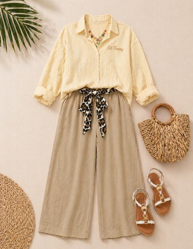 Pantalon Fluide Femme Taille Haute...