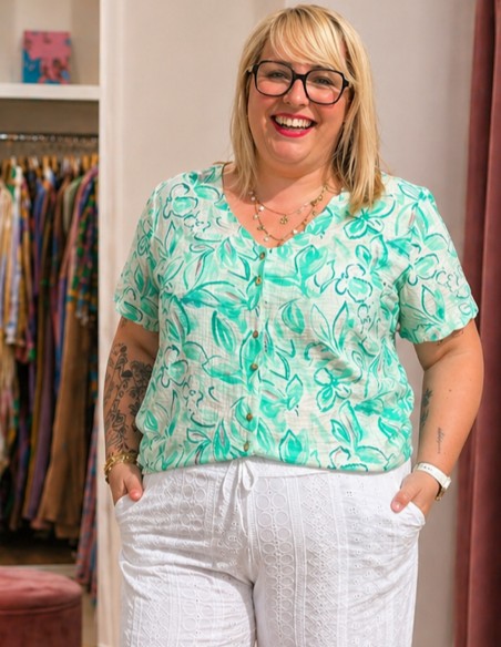 blouse manches courtes femme grande taille motif vert 44,46,48,50