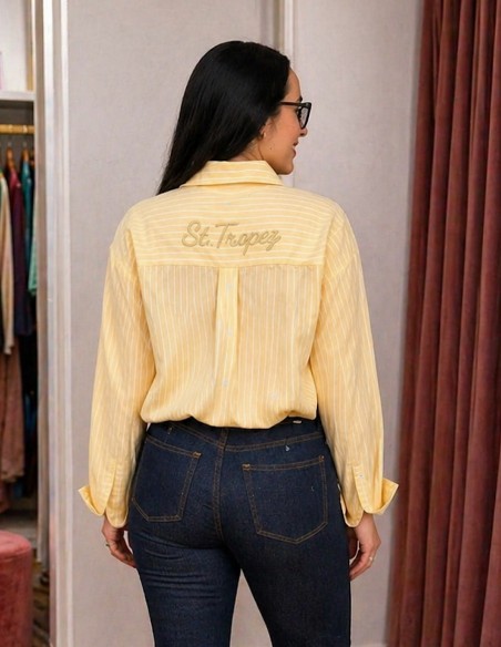 Chemise Femme Rayée Oversize Coton Polyester – Rose Jaune Bleu – Taille Unique 36 au 46 – Look Tendance Été Chic