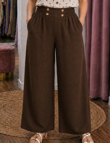pantalon fluide femme lin marron bohème tendance taille élastique confort