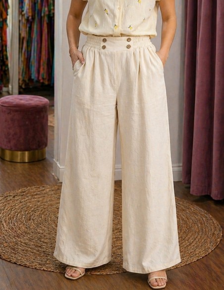 Pantalon large fluide femme taille haute élastique du 36 au 46 – Coupe ample confortable 4 coloris été chic bohème