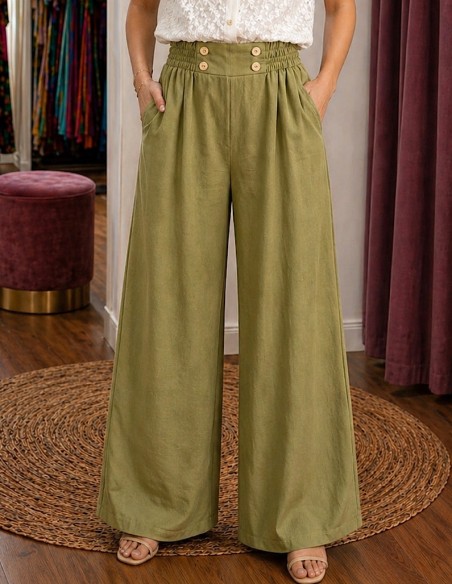 Pantalon large fluide femme taille haute élastique du 36 au 46 – Coupe ample confortable 4 coloris été chic bohème