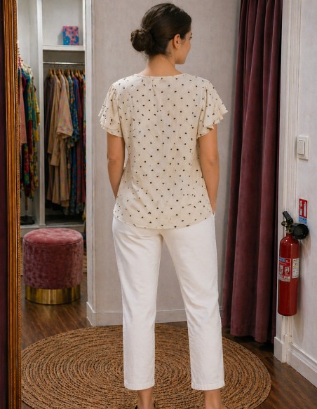 Top Femme Lin & Coton Imprimé Cœurs – Blouse Beige Respirante du 36 au 50 – Haut Léger Été Confort Grande Taille