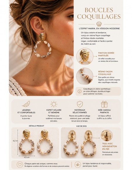 Boucles d’Oreilles Coquillage Résine Dorée – Créoles Bohème Chic Femme Été - Acier inoxydable