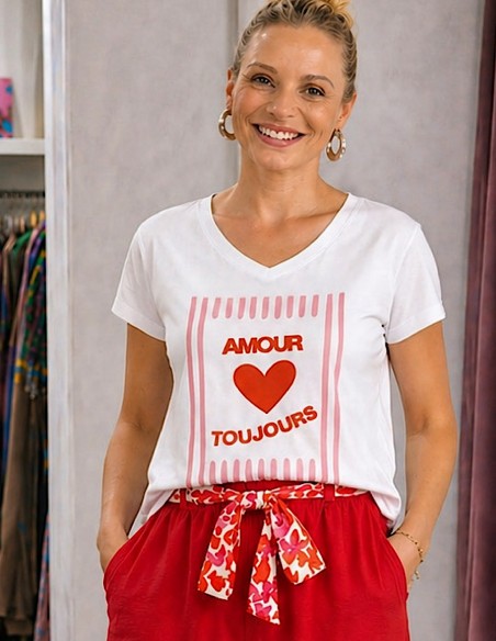 T-shirt Femme Amour Toujours Blanc – Col V, Coton Stretch 95% – Taille Unique 36-40 – Tee-shirt Mode Confort & Tendance