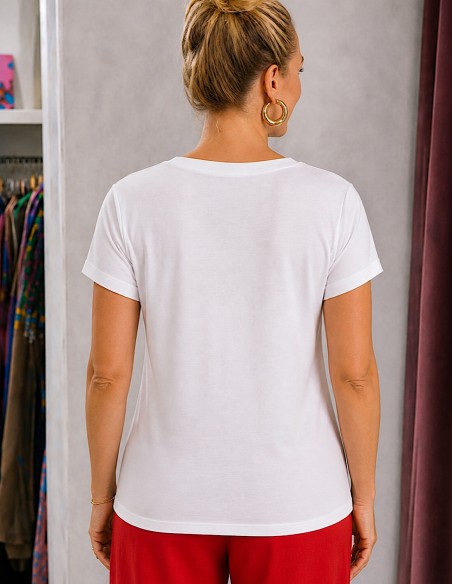 T-shirt Femme Amour Toujours Blanc – Col V, Coton Stretch 95% – Taille Unique 36-40 – Tee-shirt Mode Confort & Tendance