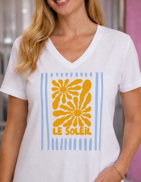 T-shirt femme en coton et col V motif soleil plage tendance taille unique zoom motif