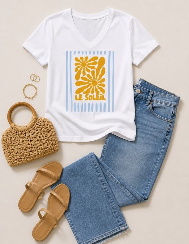 T-shirt femme en coton et col V motif soleil plage tendance taille unique