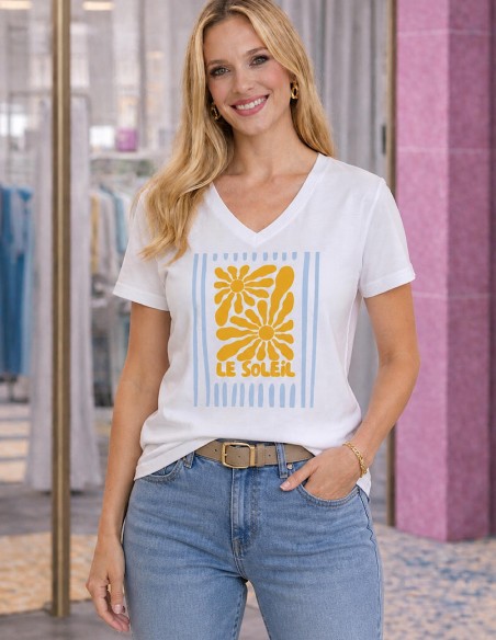 T-shirt femme en coton et col V motif soleil plage tendance taille unique