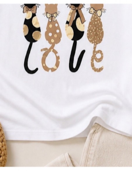 T-shirt Femme Blanc Motif Chats Chic – Taille Unique (36-40) – 95% Coton