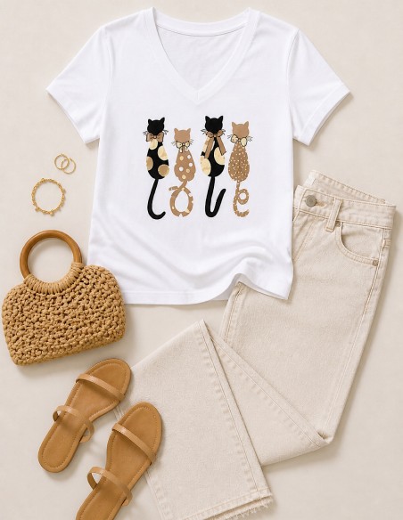 T-shirt Femme Blanc Motif Chats Chic – Taille Unique (36-40) – 95% Coton look femme