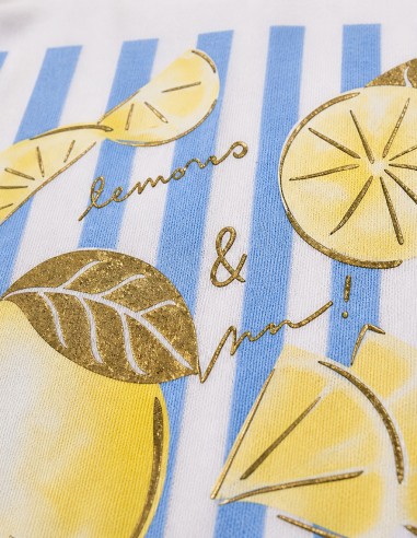 T-shirt femme tendance citron lemon col v en coton bleu et jaune zoom