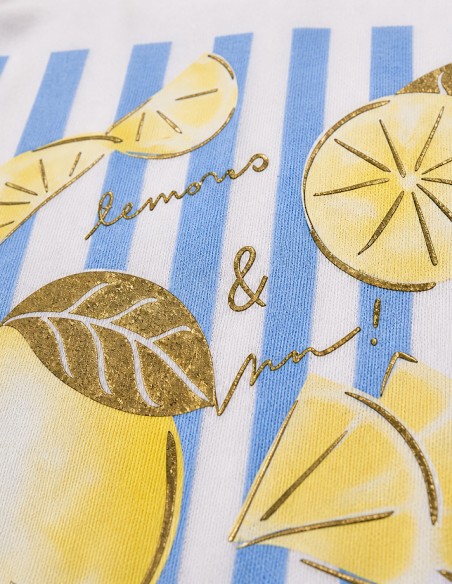 T-shirt femme tendance citron lemon col v en coton bleu et jaune zoom