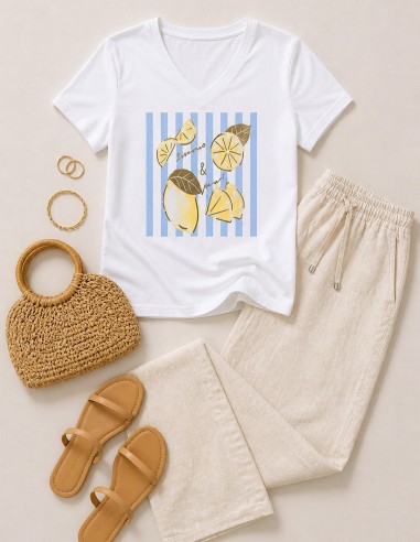 T-shirt femme tendance citron lemon col v en coton bleu et jaune