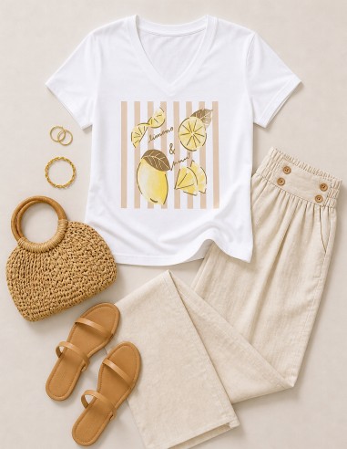 T-shirt femme tendance citron lemon col v en coton beige doré elegant