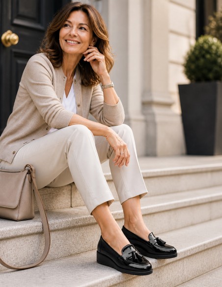 mocassins femme verni noir confortable semelle intérieure cuir pour pied sensible