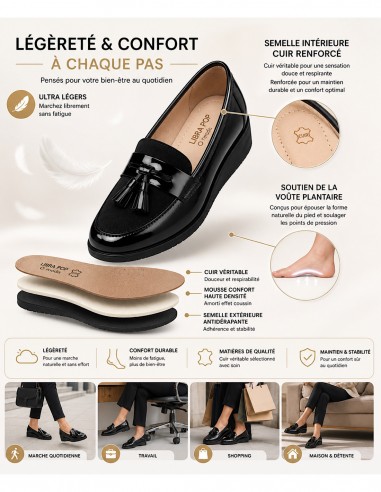 mocassins femme verni noir confortable et  élégant semelle confort orthopédique pas cher