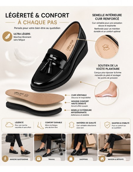 mocassins femme verni noir confortable et  élégant semelle confort orthopédique pas cher