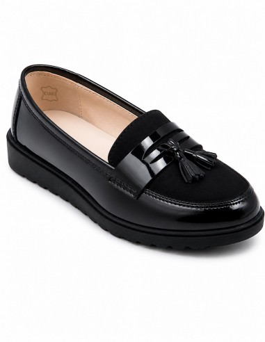Mocassins femme noir verni semelle intérieur cuir confort - orthopédique pied sensible spécial confort
