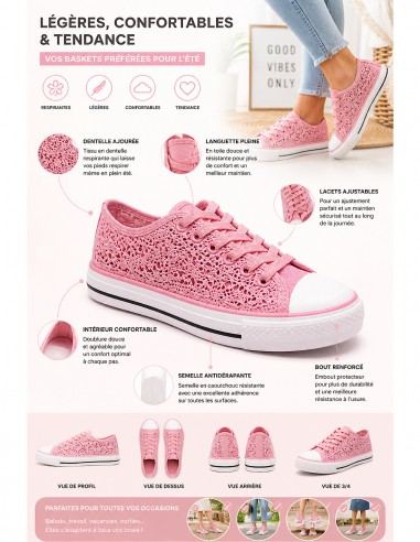 baskets femme en dentelle rose été respirantes, tendances et légère look casual