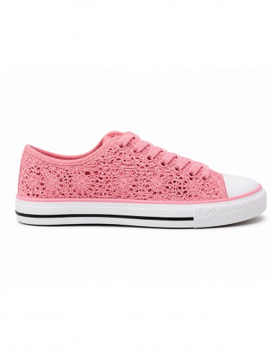 baskets femme dentelle rose et semelle caoutchouc bout blanc renforcé