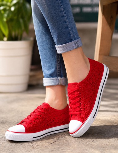 baskets femme dentelle rouge légères et respirantes pour été du 36 au 41 look jean casual